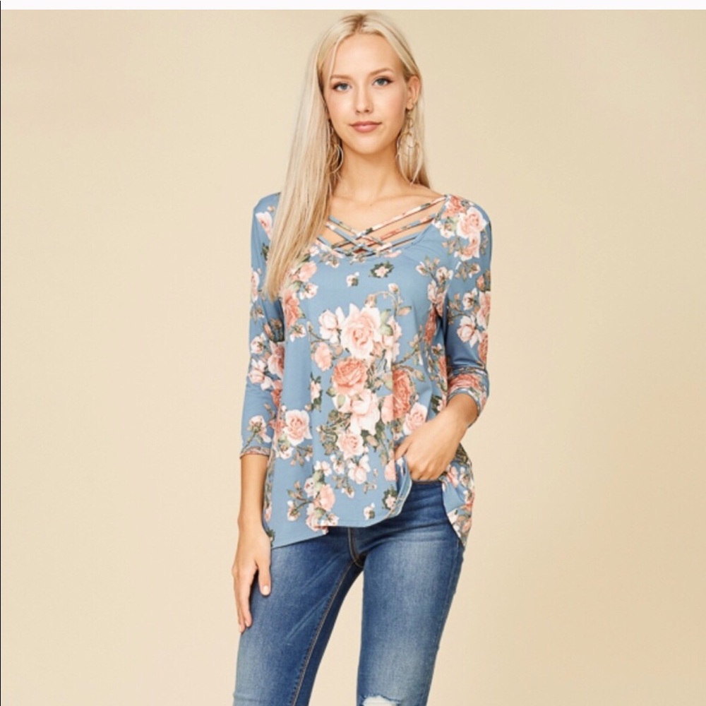 Criss cross soft blue floral top